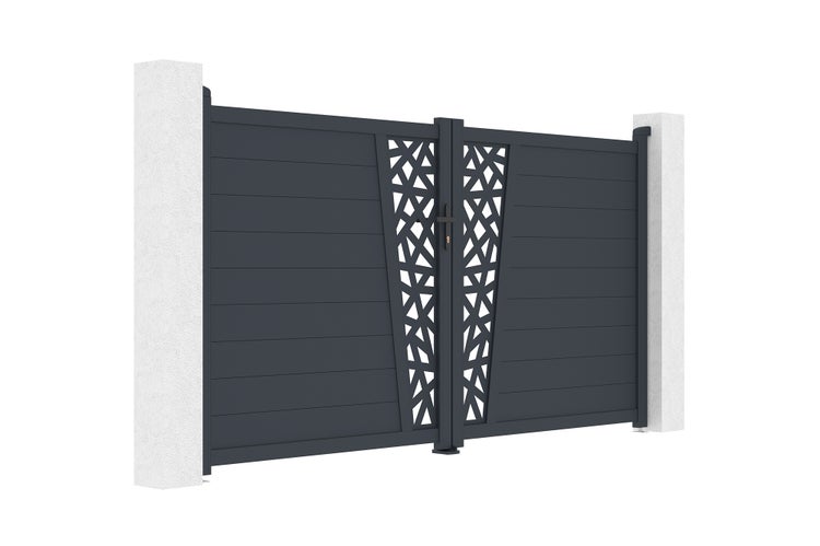 Zweiflügeliges Einfahrtstor aus Aluminium mit horizontalen Lamellen und dekorativem geometrischem Muster in der Mitte zwischen zwei Pfosten.