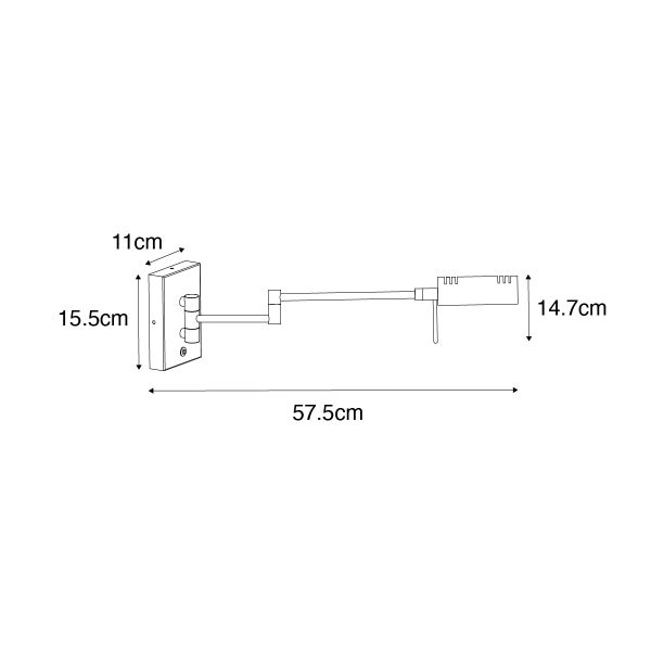 Technische Zeichnung einer Wandleuchte mit den Maßen 11 mal 15,5 mal 57,5 mal 14,7 Zentimeter