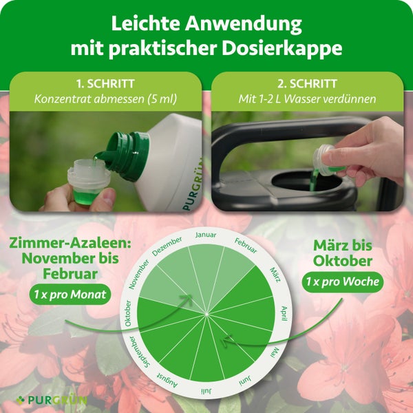 Purgrün Azaleendünger, 1 Liter Flasche, mit Phosphor und Spurenelementen, für bis zu 400 Liter Gießwasser, hergestellt in Deutschland.