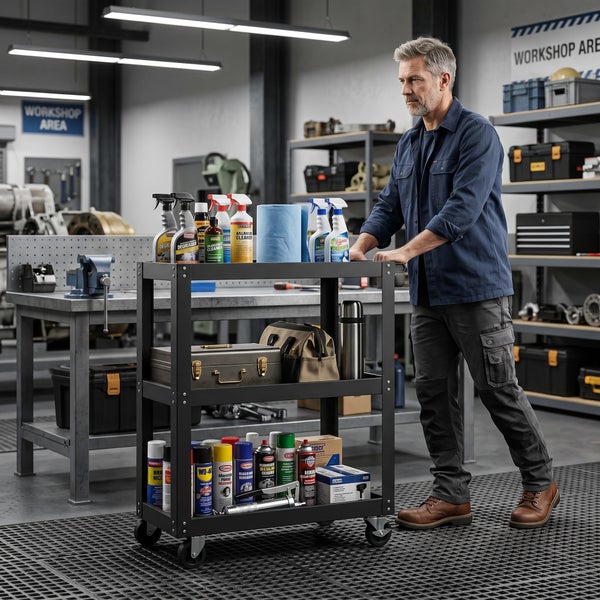 Handwerker schiebt in einer Werkstatt einen schwarzen Servicewagen, der mit verschiedenen Reinigungs- und Pflegemitteln sowie Werkzeugen bestückt ist.