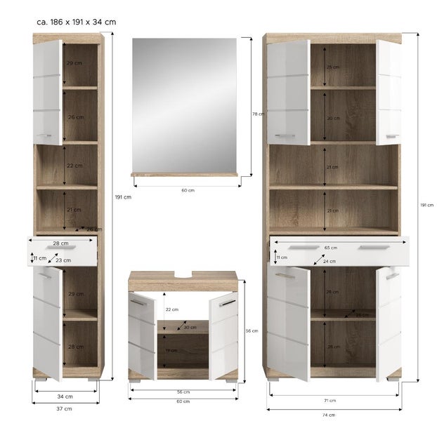 Badezimmermöbel Set in Holzoptik mit weißen Fronten und Maßen circa 186 mal 191 mal 34 Zentimeter für Hochschrank, Spiegel und Unterschränke.