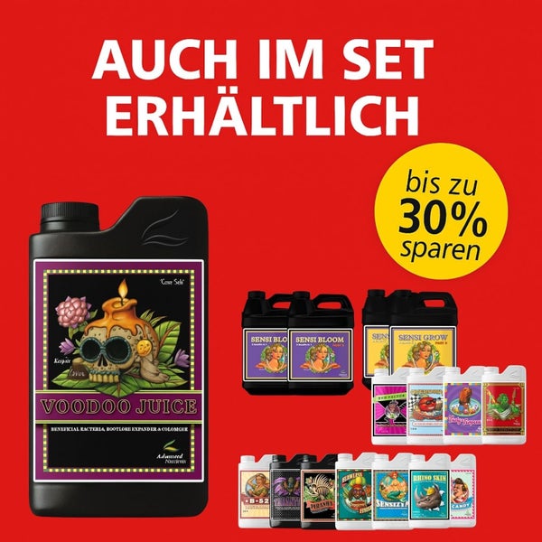 Set aus Pflanzennährstoffen und Düngemitteln inklusive Voodoo Juice sowie Sensi Bloom und Sensi Grow mit dem Hinweis bis zu 30 Prozent sparen.