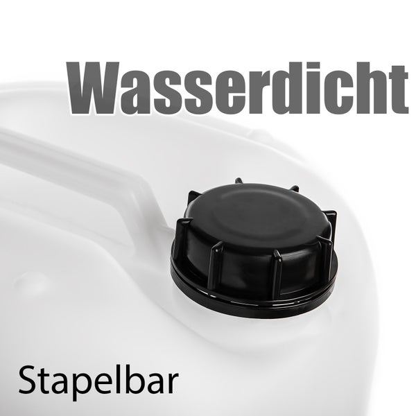 Wasserkanister mit schwarzem Verschlussdeckel, wasserdicht und stapelbar