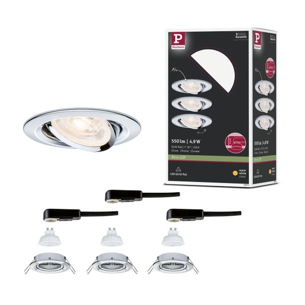 Paulmann LED Einbaustrahler Set Nova LED in Chrom, 3 Stück, 550 Lumen, 4,9 Watt, GU10 Sockel, 2700 Kelvin warmweiß, 5 Jahre Garantie, Paulmann Logo.