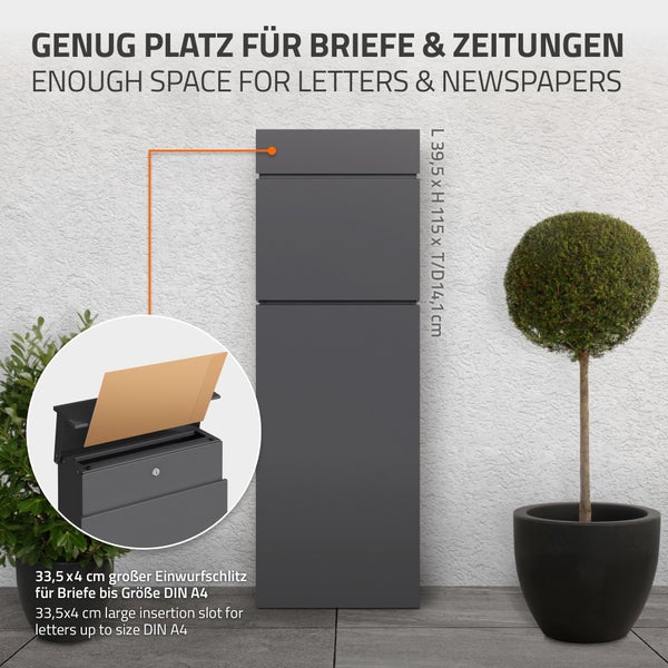 ML-Design Standbriefkasten freistehend, Anthrazit, aus rostfreiem Stahl, 39,5x14,1x115 cm, Abschließbar inkl. 2 Schlüssel, witterungsbeständig, modern, Briefkasten Postkasten Postbox, zum Aufschrauben
