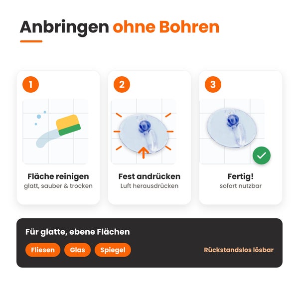 Anleitung zur Befestigung ohne Bohren mit Saugnapf für glatte Flächen wie Fliesen, Glas und Spiegel in drei Schritten.