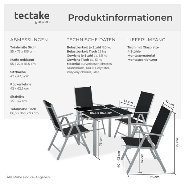 Sitzgruppe tectake Stabia Tisch mit Sicherheitsglasplatte und Ausgleichsschrauben mit Aluminiumgestell, für 4 Personen silber