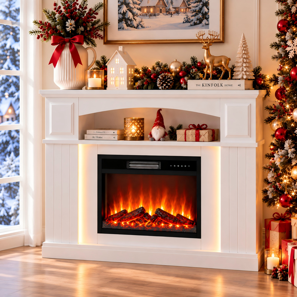 Weißer elektrischer Kamin mit integriertem Heizlüfter und LED Flammeneffekt, festlich geschmückt in einer weihnachtlichen Wohnzimmerumgebung.