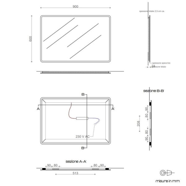 Technische Zeichnung eines Spiegels mit den Maßen 900 x 600 Millimeter, einer Gesamtdicke von circa 2,5 Zentimeter und Details zum 230 Volt Anschluss.