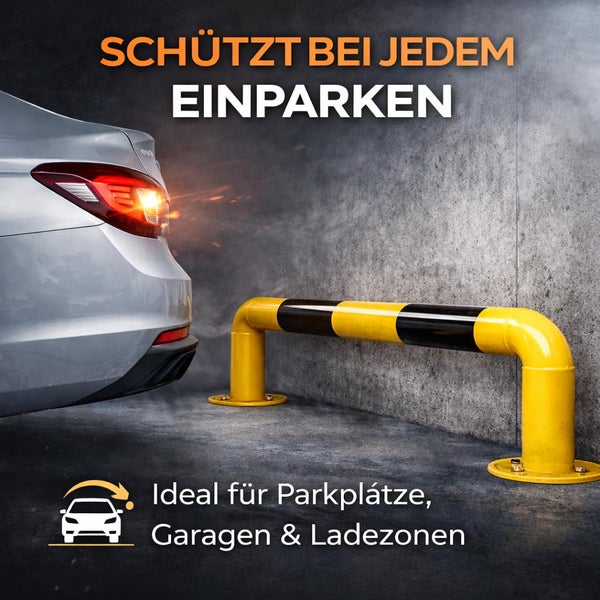 Gelb-schwarzer Parkplatz-Schutzbügel aus Metall zum Schutz von Fahrzeugen beim Einparken in Garagen oder auf Parkplätzen.