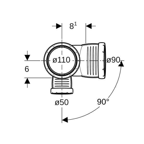 Maßzeichnung eines Rohrverbinders mit Durchmessern von 110 Millimeter, 90 Millimeter und 50 Millimeter sowie einem 90 Grad Winkel.