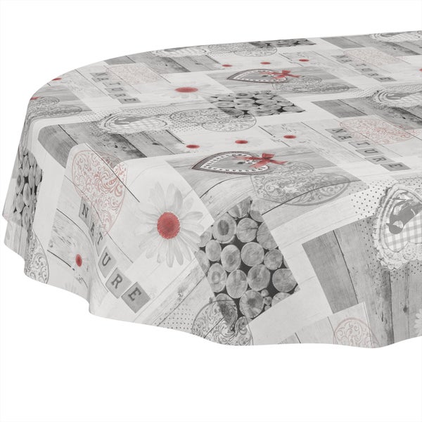Tischdecke mit Natur-Motiven, Patchwork-Design mit Herzen, Blumen und Holz-Strukturen