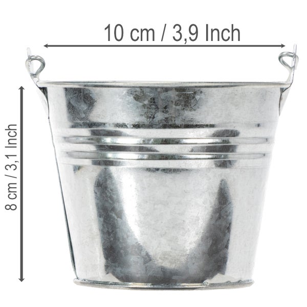 Verzinkter Metalleimer mit 10 Zentimeter Durchmesser und 8 Zentimeter Höhe.