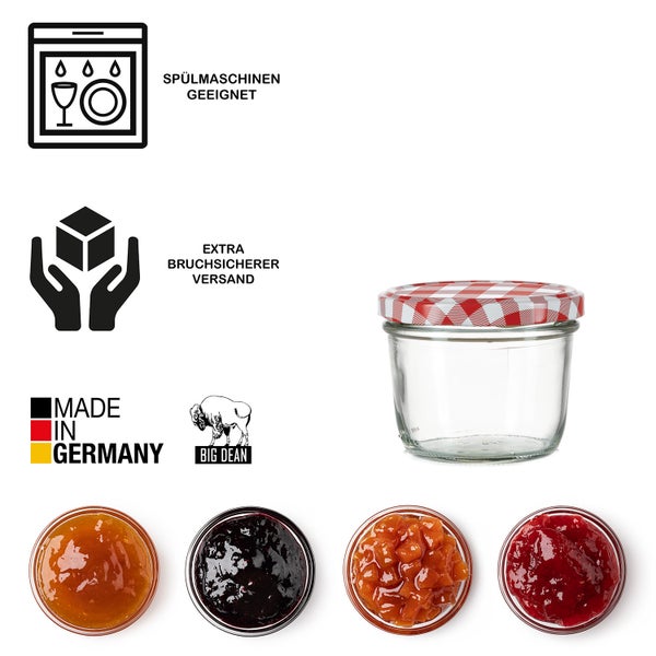 Einmachglas mit rot-weiß kariertem Deckel, spülmaschinengeeignet, bruchsicherer Versand, Made in Germany, Big Dean Logo, verschiedene Marmeladen