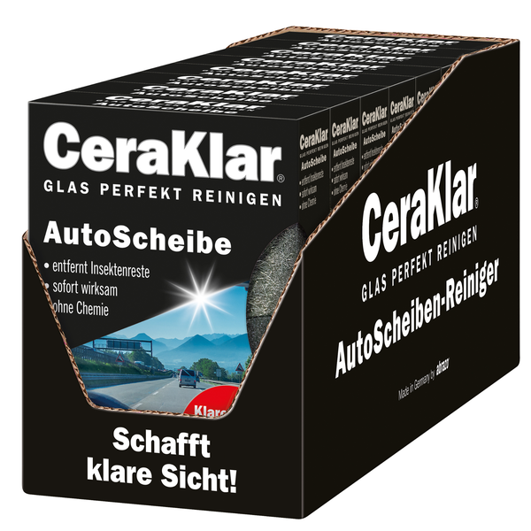 CeraKlar AutoScheibe-Reiniger im Displaykarton, zur Reinigung von Autoscheiben ohne Chemie, entfernt Insektenreste.