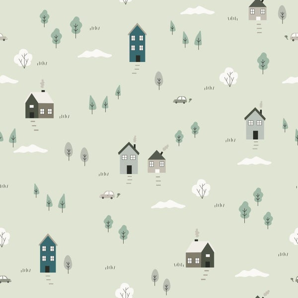 Kindertapete mit Muster aus Häusern, Bäumen und Autos im skandinavischen Design.