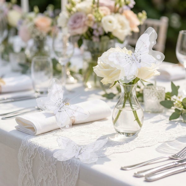 Festlich gedeckter Tisch mit Deko Schmetterlingen, Glasvase mit Rosen, Tischläufer aus Spitze und Besteck für eine elegante Tischdekoration.