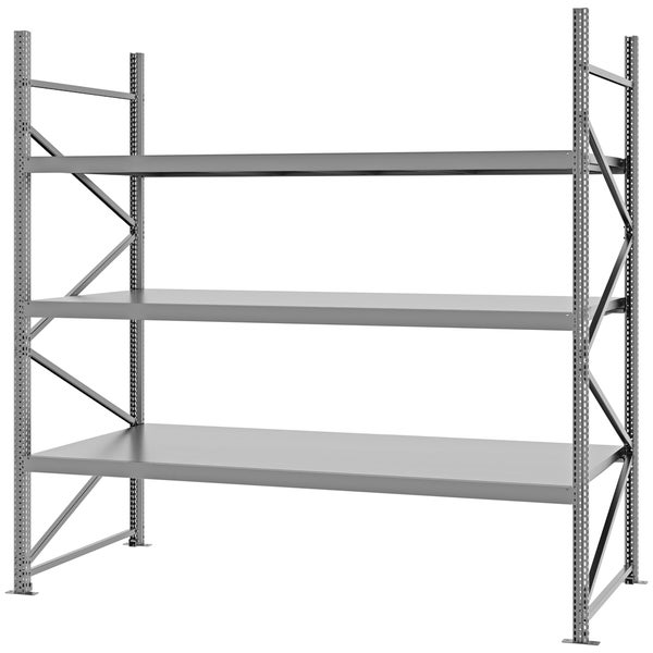 Robustes Weitspannregal aus Metall mit drei Ebenen und gelochten Winkelprofilen für Keller, Werkstatt oder Lager.