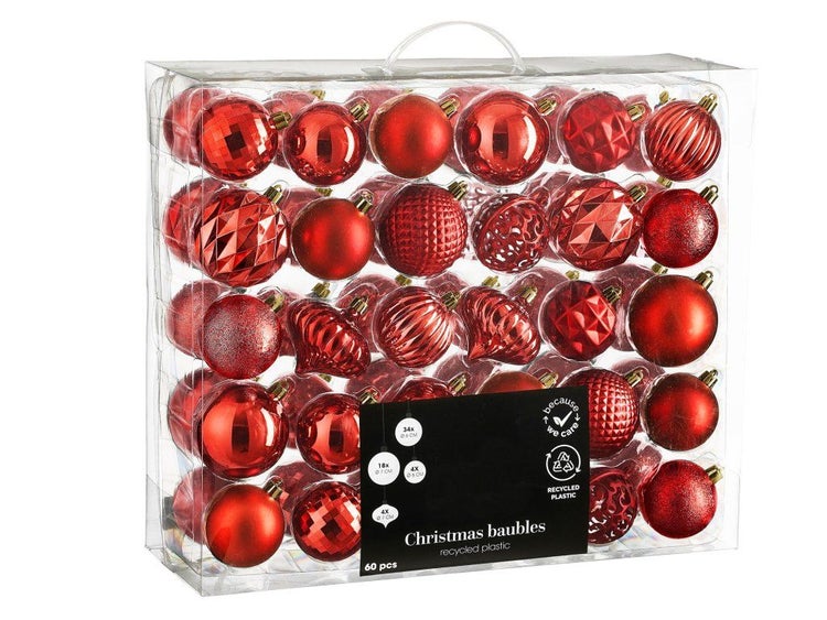 Set aus 60 Weihnachtsbaumkugeln in verschiedenen Oberflächen aus recyceltem Kunststoff in einer transparenten Verpackung mit Tragegriff.