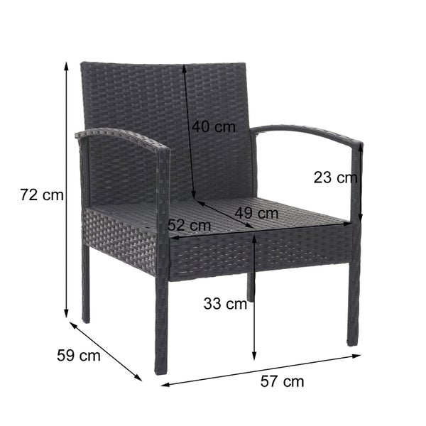 Gartensessel aus Polyrattan mit Maßangaben: Gesamthöhe 72 Zentimeter, Breite 57 Zentimeter, Tiefe 59 Zentimeter und Sitzhöhe 33 Zentimeter.