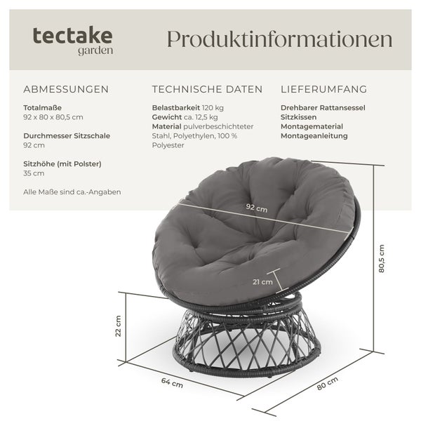 Produktinfografik für den tectake garden drehbaren Rattansessel mit Abmessungen, technischen Daten wie Belastbarkeit und Material sowie Lieferumfang.