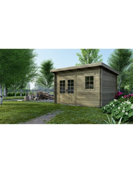 Gartenhaus aus Holz mit Pultdach, Doppelflügeltür mit Glaseinsätzen und einem Fenster in einer Gartenlandschaft.