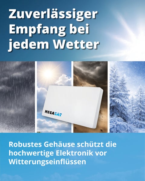 Megasat Flachantenne mit robustem Gehäuse für witterungsbeständigen Satellitenempfang bei Regen, Sonne, Wind und Schnee.