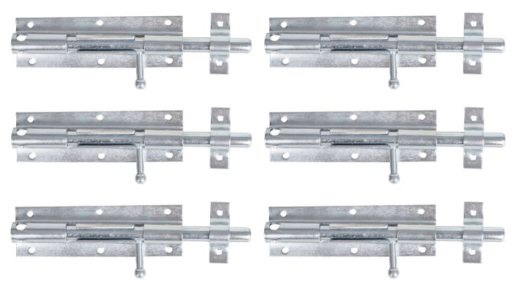 Sechs verzinkte Riegel für Türen und Tore aus Metall.