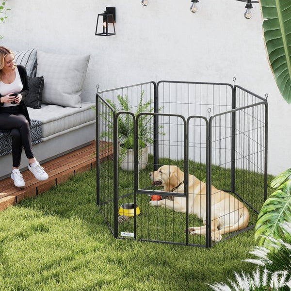 PawHut Welpenlaufstall 6-eckig Welpenauslauf mit 6 Gitterplatten Tür flexibel faltbar Schutzplane Freilaufgehege 100cm hoch Hundelaufstall Welpengitter für Hund Katze Laufgitter für drinnen draußen