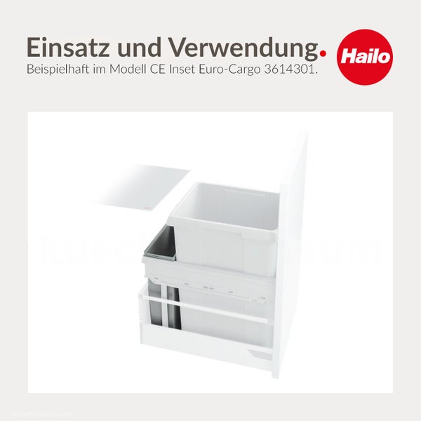 Hailo Logo und Abfallsystem Euro-Cargo als Einbaulösung in einem Küchenunterschrank mit Auszugssystem.