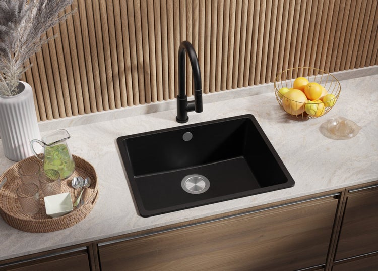 PRIMAGRAN Spülbecken Schwarz 56x44cm, Granitspüle 1 Becken + Ablauf-Set, Küchenspüle ab 60er Unterschrank - Venedig Slim Easy