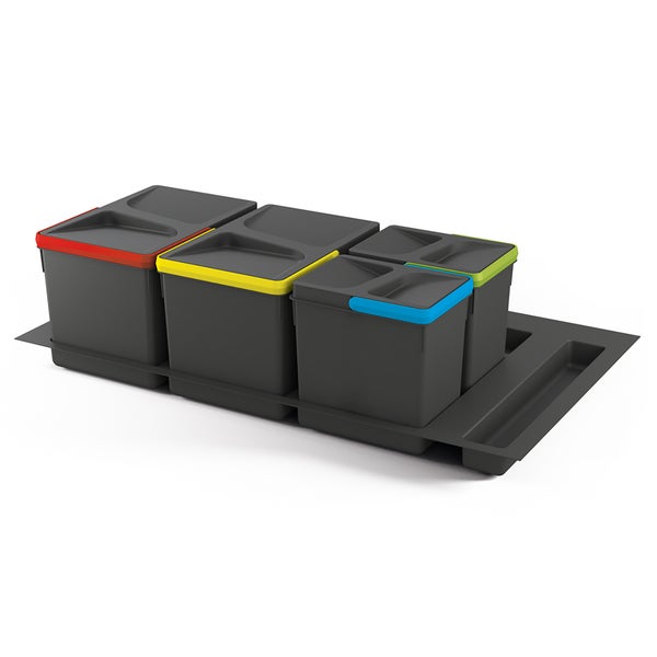 Mülltrennsystem mit vier Kunststoffbehältern in verschiedenen Größen und Farben in einer Bodenwanne.