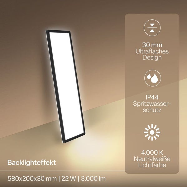 LED Panel mit Backlight-Effekt, schwarz, 580 mal 200 mal 30 Millimeter, 22 Watt, 3000 Lumen, 4000 Kelvin neutralweißes Licht, Schutzart IP44.