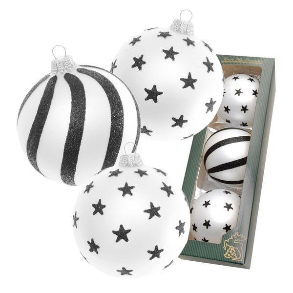 Xmas Black & White Satin , 3er Set, silber matt/schwarz/Glitzer, 8cm, 3 Stck., Weihnachtsbaumkugeln, Christbaumschmuck, Weihnachtsbaumanhänger