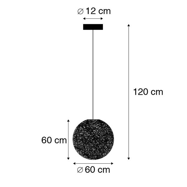 Maßzeichnung der Pendelleuchte: Schirmdurchmesser 60 Zentimeter, Schirmhöhe 60 Zentimeter, Gesamthöhe 120 Zentimeter, Baldachin 12 Zentimeter.