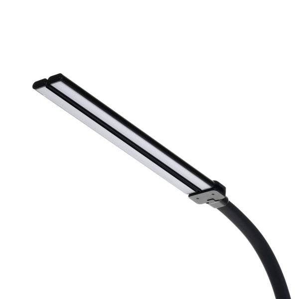 LED-Pflanzenlampe mit zwei Leuchtköpfen und flexiblem Arm in Schwarz.
