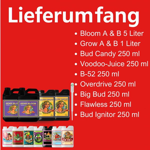 Lieferumfang Pflanzendünger-Set mit Bloom, Grow, Bud Candy, Voodoo Juice, B-52, Overdrive, Big Bud, Flawless und Bud Ignitor.