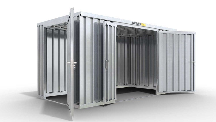 Lagercontainer Gerätehaus XXL  – 12 qm, H2115 x B6080 x T2170 mm, verzinkt, ohne Fußboden, 1830 mm Doppelflügeltür mittig in Breitseite und 1270 mm Einflügeltür mittig in Stirnseite, zerlegt