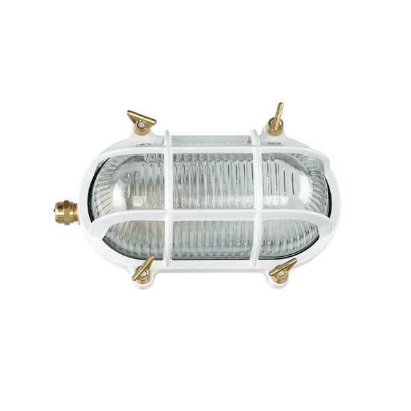 Ovale weiße Wandleuchte mit Schutzgitter und klarem Glas