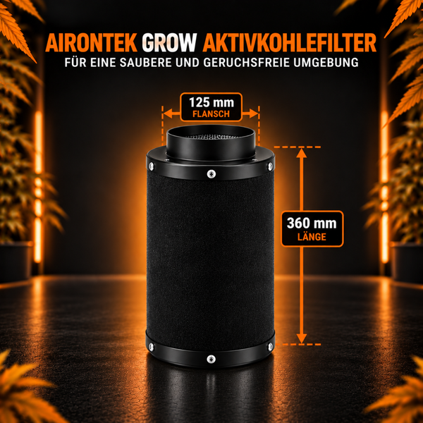 Airontek Grow Aktivkohlefilter mit 125 Millimeter Flansch und 360 Millimeter Länge für eine geruchsfreie Umgebung.