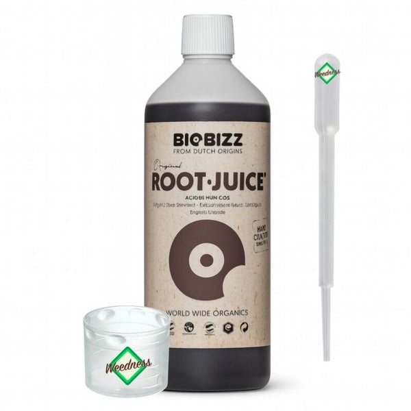 BioBizz Root Juice Wurzelstimulator Flasche mit BioBizz Logo, Messbecher und Pipette mit Weedness Logo.