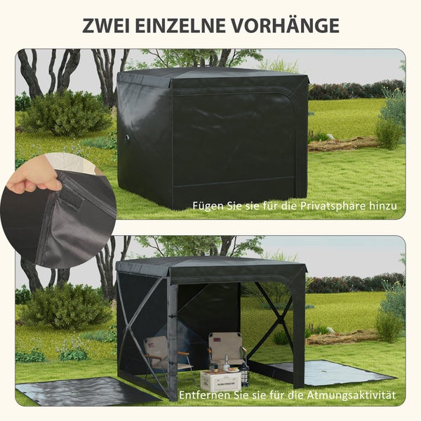 Zwei Ansichten eines flexiblen Campingzeltes mit Vorhängen für Privatsphäre und Atmungsaktivität.