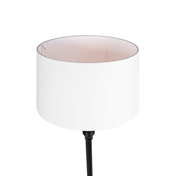 Zylindrischer Lampenschirm aus Textil auf einem schwarzen Gestell.