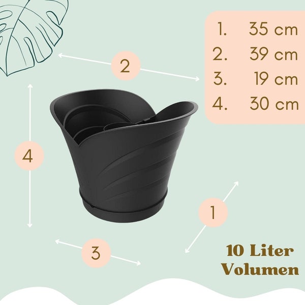 Schwarzer Blumentopf mit den Maßen 35 cm, 39 cm, 19 cm und 30 cm, Volumen 10 Liter