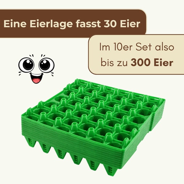 10er-Set grüne Eierlagen aus Kunststoff, eine Lage fasst 30 Eier, insgesamt Kapazität für bis zu 300 Eier.