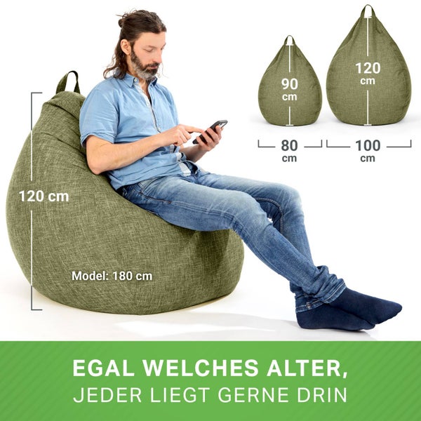 Green Bean Indoor Sitzsack mit 200 Liter mit EPS-Perlen Füllung Kuschelig Weich Waschbar - Drinnen Stoff Bodenkissen Liegekissen Sitzkissen Lounge - Grün
