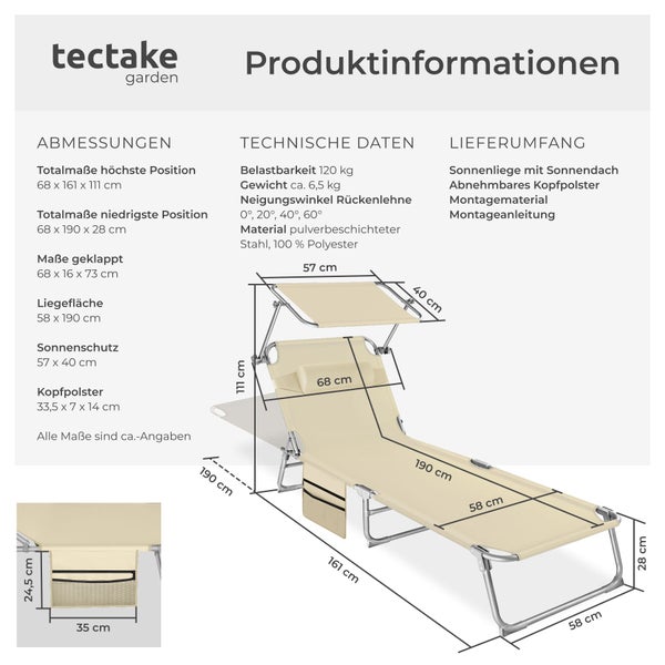 tectake garden Logo. Produktinformationen für Sonnenliege mit Sonnendach mit Maßen in Zentimeter, Belastbarkeit 120 Kilogramm und technischen Daten.