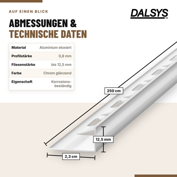 Dalsys Fliesenprofil aus eloxiertem Aluminium mit Maßangaben für Länge, Höhe und Breite, sowie technischen Produktdetails in einer Übersicht.