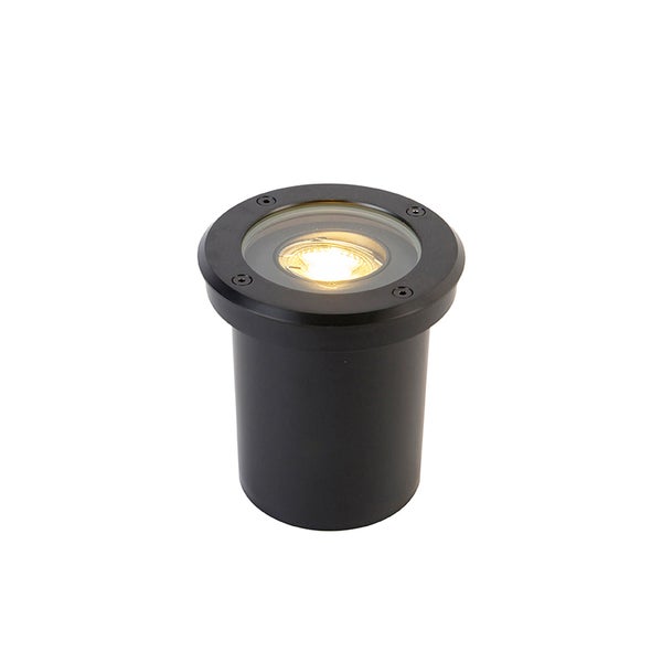 Bodeneinbaustrahler in Schwarz für den Außenbereich, rundes Design mit Glasscheibe und warmem Licht.