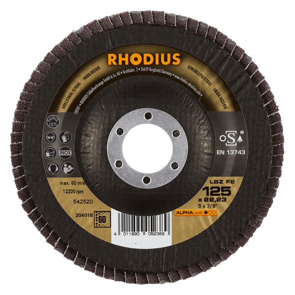 RHODIUS Fächerscheibe LSZ F2, 5 Stück, 125 x 22,23 mm, Korn 60, für Edelstahl, Stahl, Metall, ALPHAline